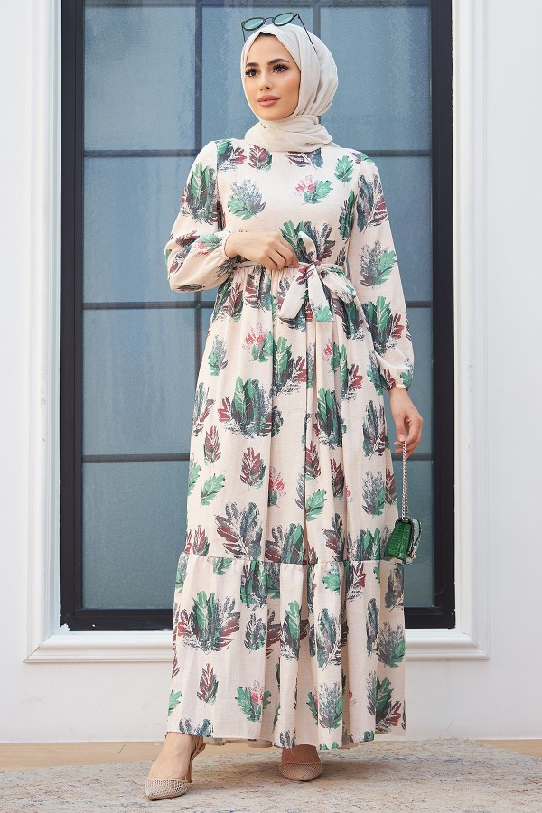 Yaprak Desen Keten Elbise - Zümrüt