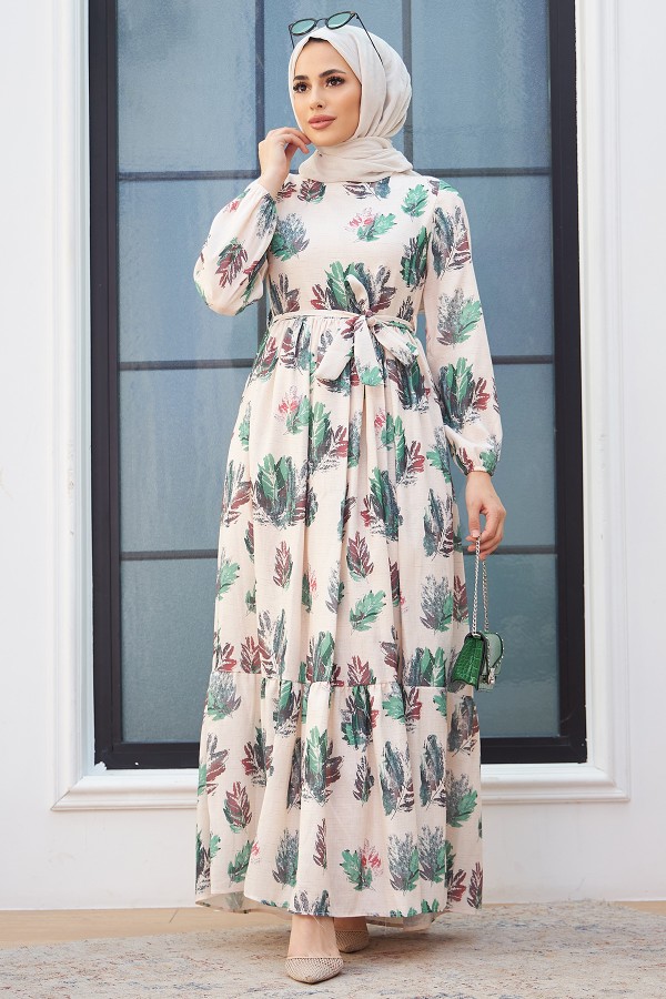 Yaprak Desen Keten Elbise - Zümrüt