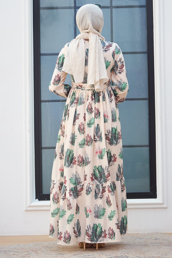 Yaprak Desen Keten Elbise - Zümrüt