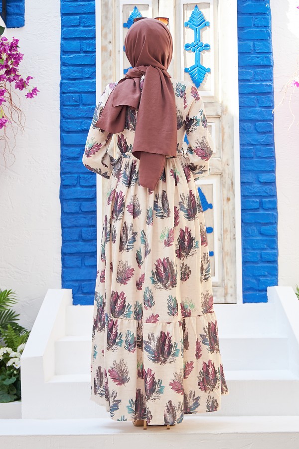 Yaprak Desen Keten Elbise - Leylak