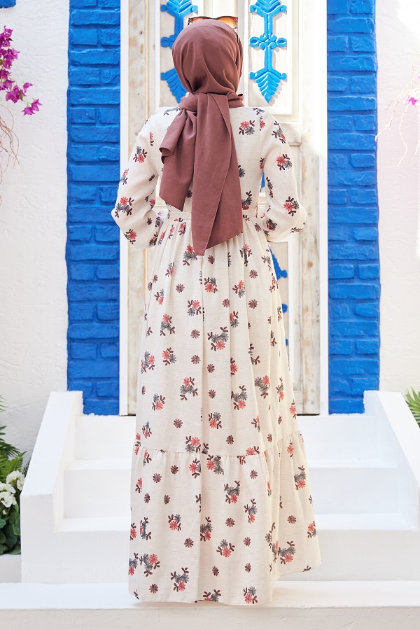 Çiçek Desenli Keten Elbise - Gri