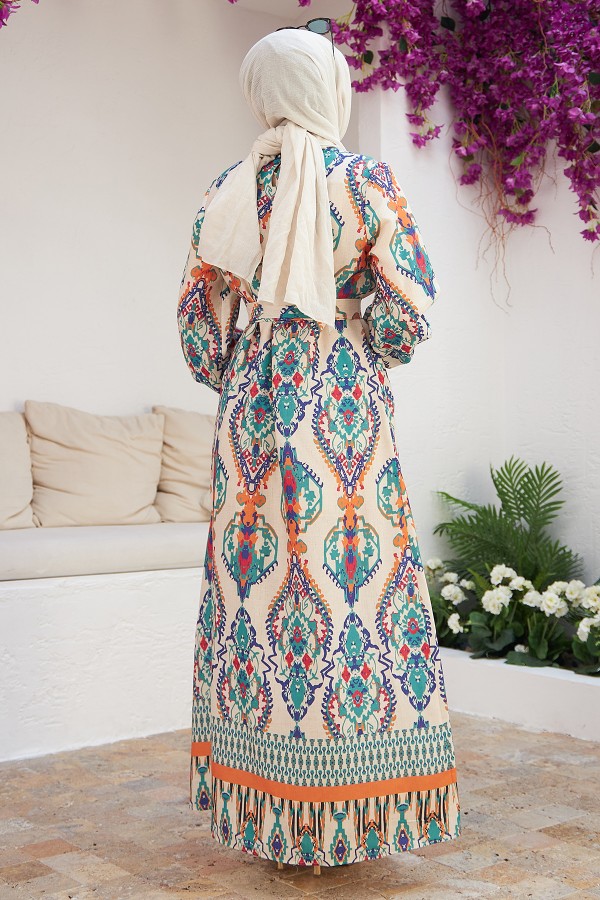 Otantik Desen Keten Elbise - Zümrüt