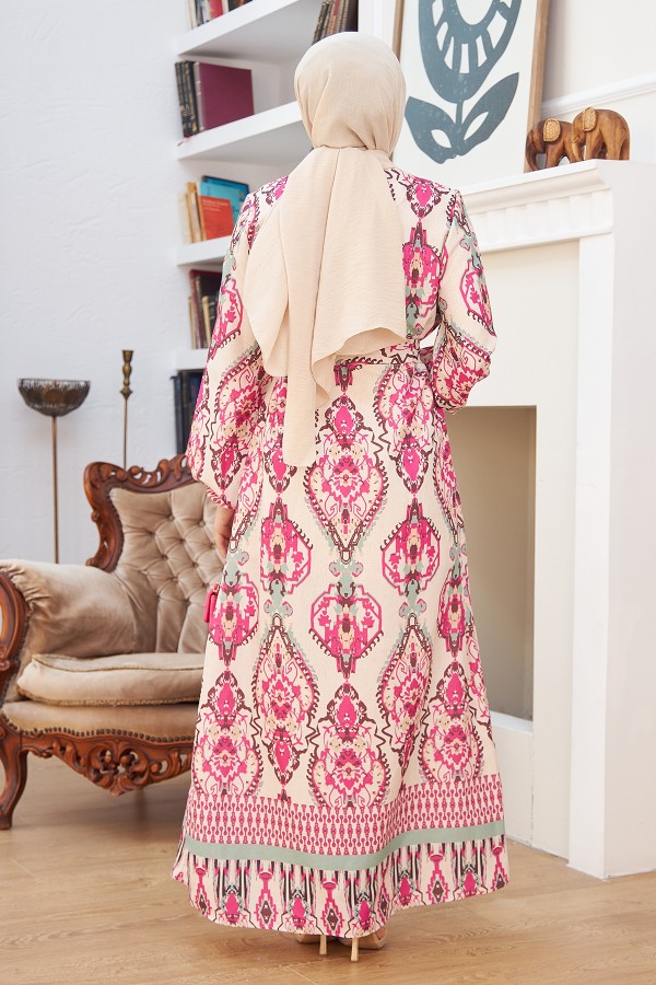 Otantik Desen Keten Elbise - Fuşya