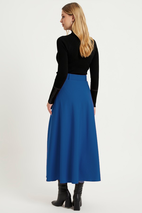 Kemerli Kloş Etek - İndigo