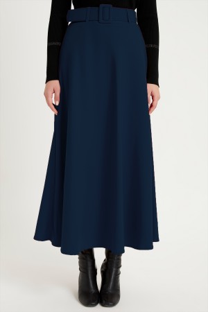 Flared Skirt With Belt - Navy Blue