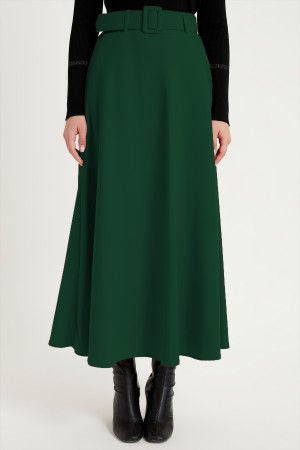 Flared Skirt With Belt - Emerald