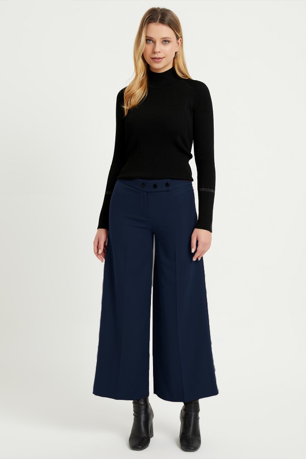 Wide Leg 3 Snap Trousers - Navy Blue Wide Leg 3 Snap Trousers - Navy Blue