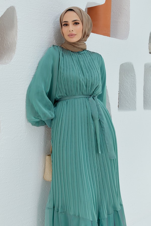 Balon Kol Pileli Şifon Elbise - Mint