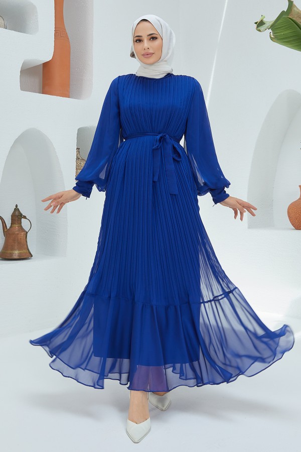 Balloon Sleeve Pleated Chiffon Dress - Saks