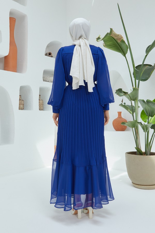 Balloon Sleeve Pleated Chiffon Dress - Saks