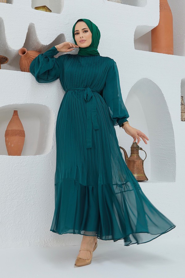 Balon Kol Pileli Şifon Elbise - Zümrüt