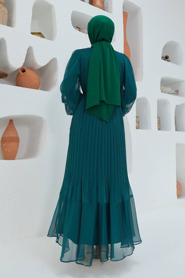Balon Kol Pileli Şifon Elbise - Zümrüt
