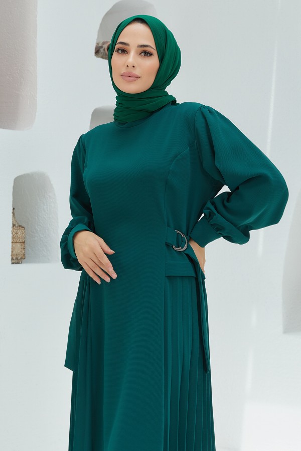 Yanları Pileli Elbise - Zümrüt