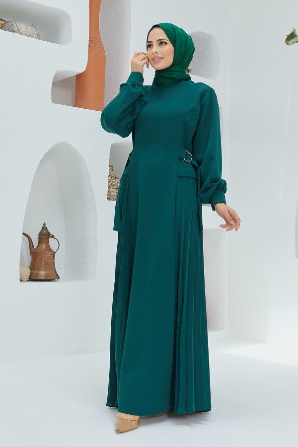 Yanları Pileli Elbise - Zümrüt