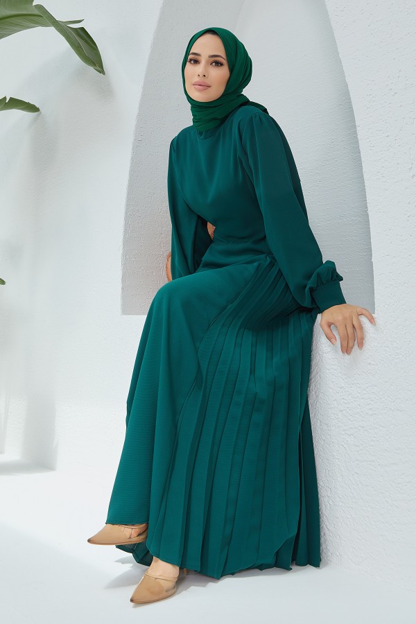 Yanları Pileli Elbise - Zümrüt