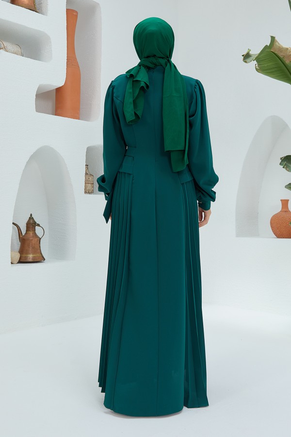 Yanları Pileli Elbise - Zümrüt