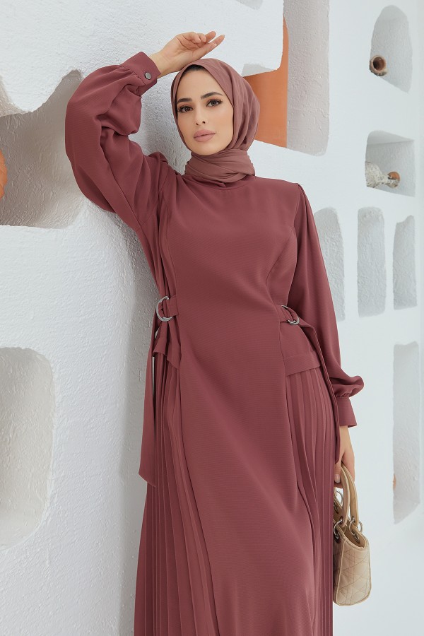 Yanları Pileli Elbise - Gül Kurusu