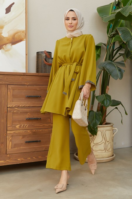 İspanyol Paça Pantolon Tunik Takım - Yağ Yeşili