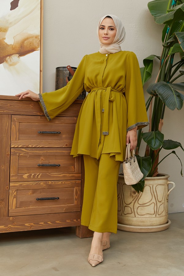 İspanyol Paça Pantolon Tunik Takım - Yağ Yeşili