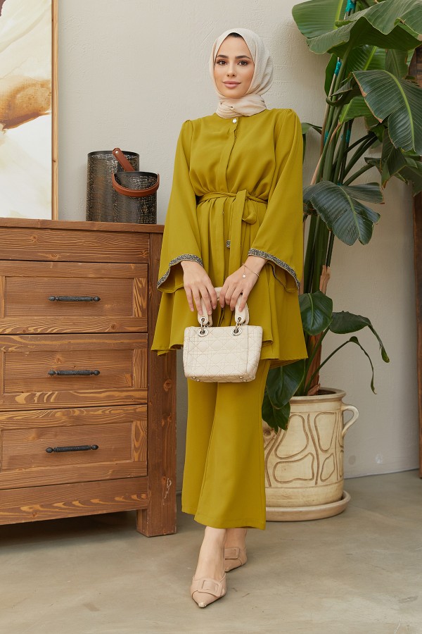 İspanyol Paça Pantolon Tunik Takım - Yağ Yeşili