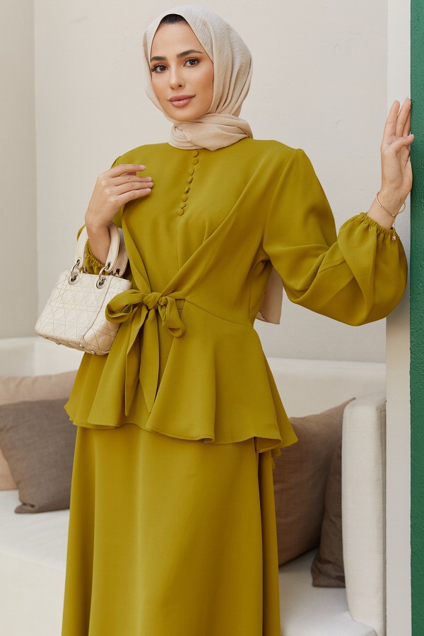 Button Front Skirt Suit - Oil Green