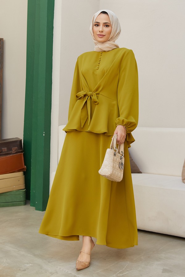 Önü Düğmeli Etekli Takım - Yağ Yeşili