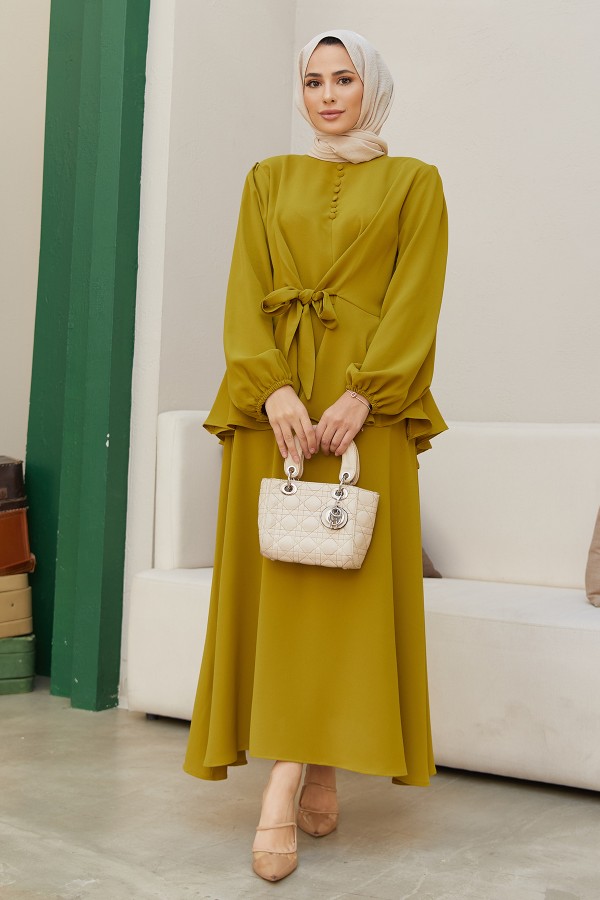 Önü Düğmeli Etekli Takım - Yağ Yeşili