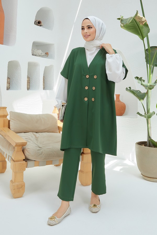 Düğme Detaylı Üçlü Takım - Zümrüt