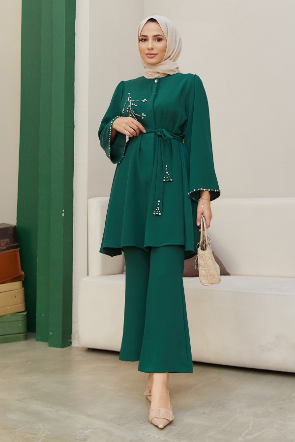 Luna Taş İşlemeli Takım - Zümrüt