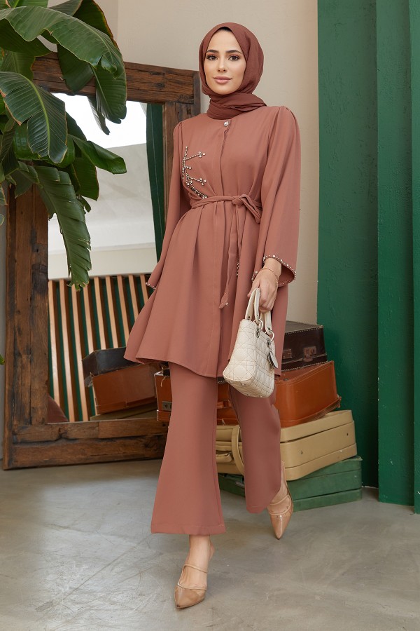 Luna Taş İşlemeli Takım - Camel