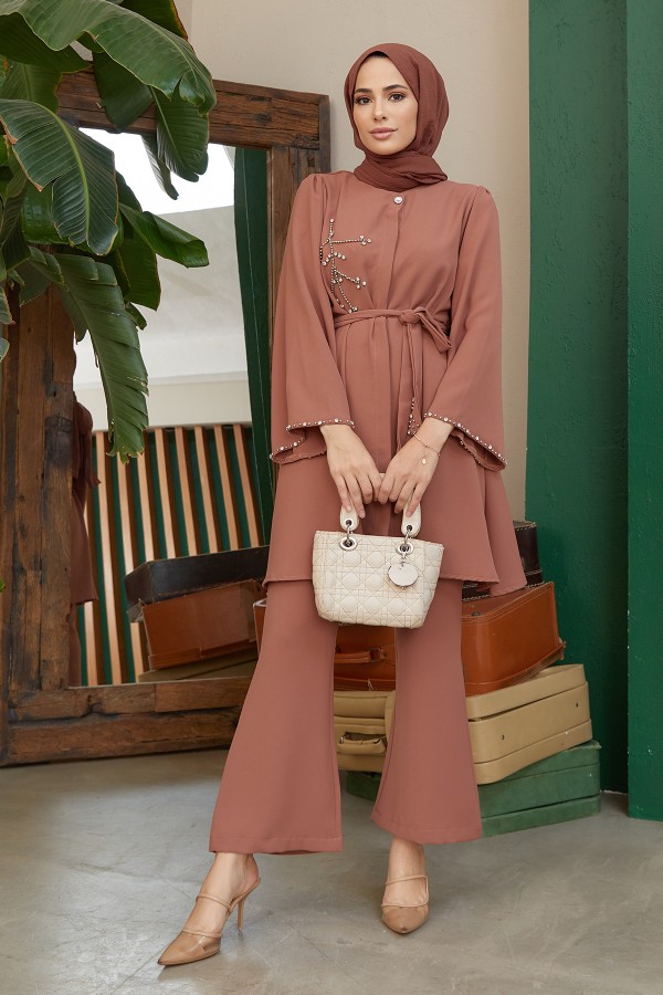 Luna Taş İşlemeli Takım - Camel