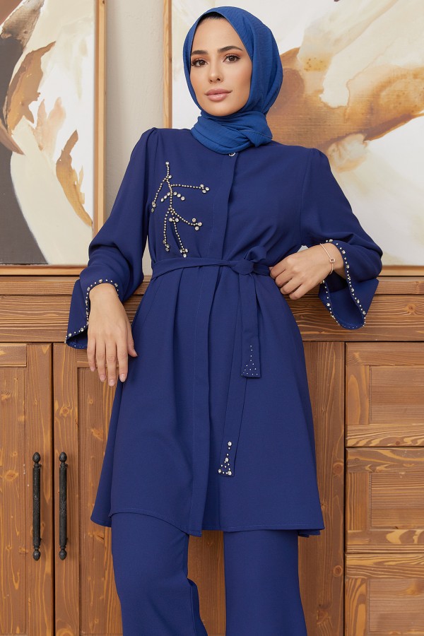 Luna Taş İşlemeli Takım - İndigo