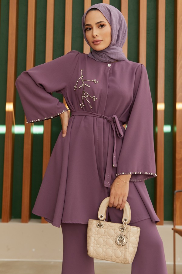 Luna Taş İşlemeli Takım - Leylak