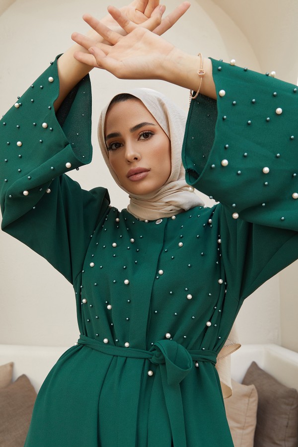 İnci Detaylı Abaya - Zümrüt