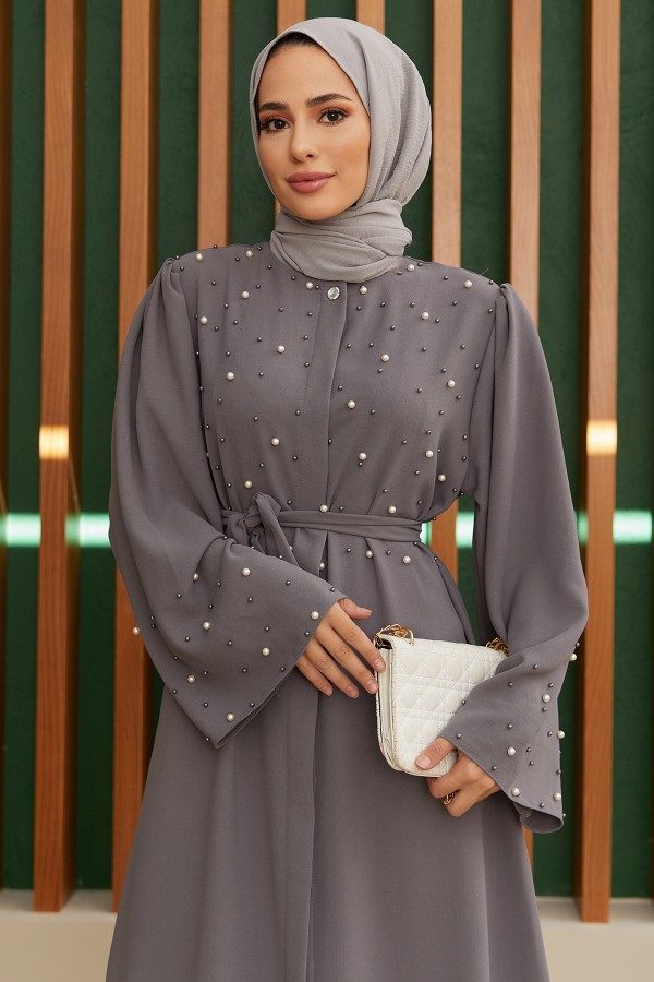 İnci Detaylı Abaya - Gri