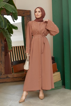 Pearl Detailed Abaya - Camel