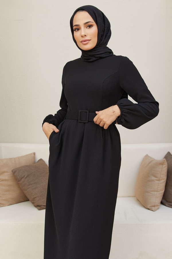 Belted Pencil Dress - Black