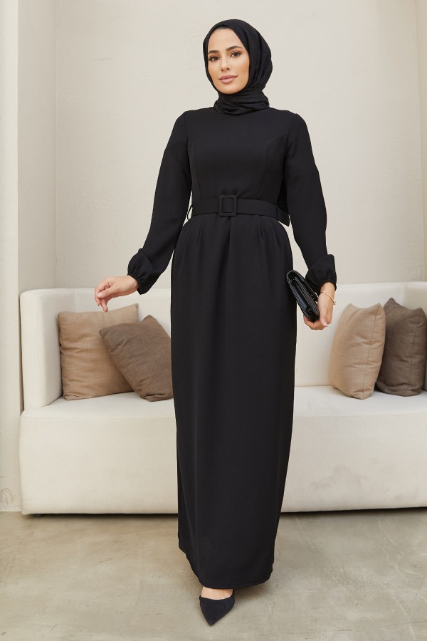 Kemerli Kalem Elbise - Siyah