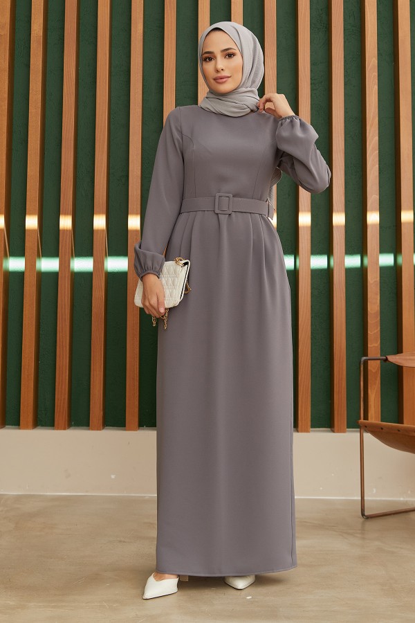 Kemerli Kalem Elbise - Gri