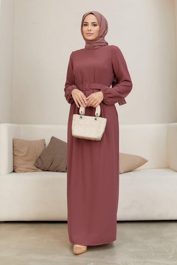 Kemerli Kalem Elbise - Gül Kurusu