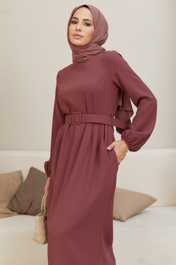 Kemerli Kalem Elbise - Gül Kurusu