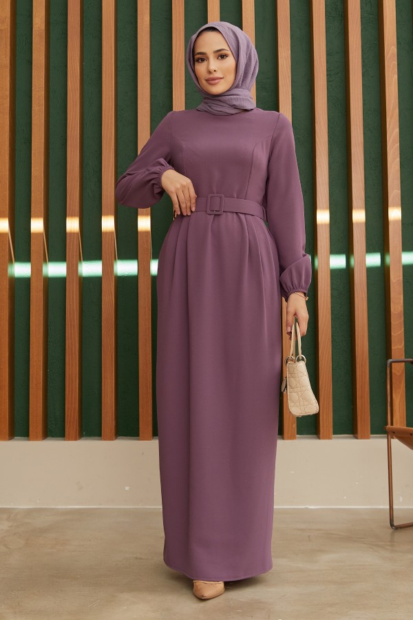 Kemerli Kalem Elbise - Leylak