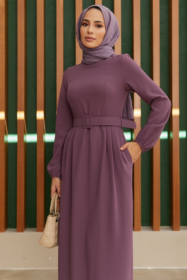 Kemerli Kalem Elbise - Leylak