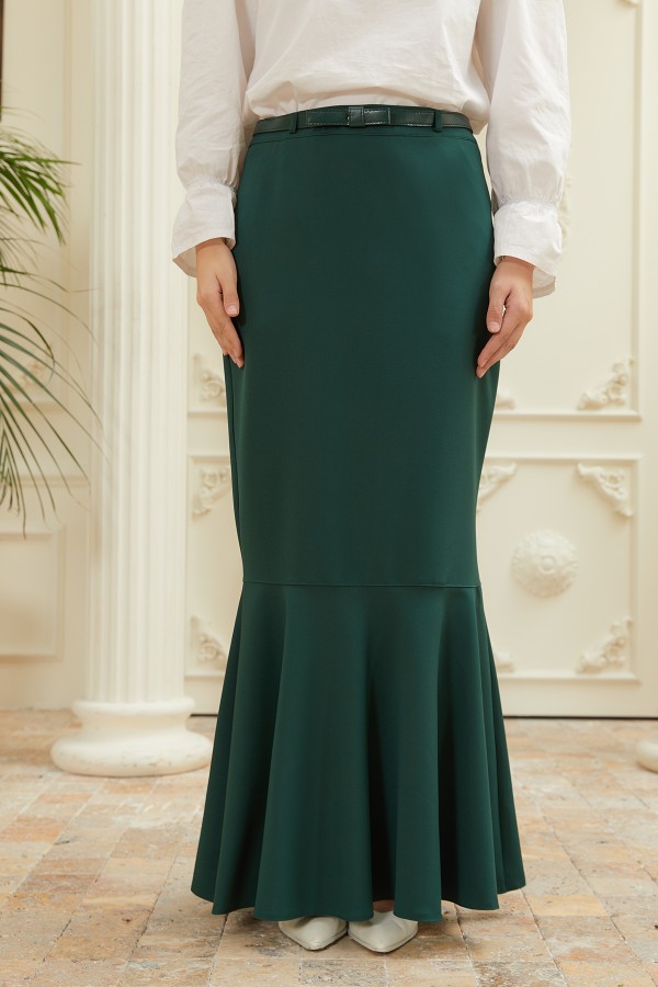 Flared Belt Skirt - Emerald