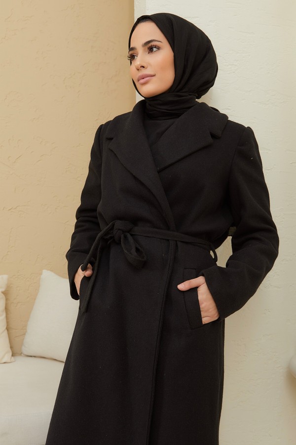 Kuşaklı Kaşe Kaban - Siyah