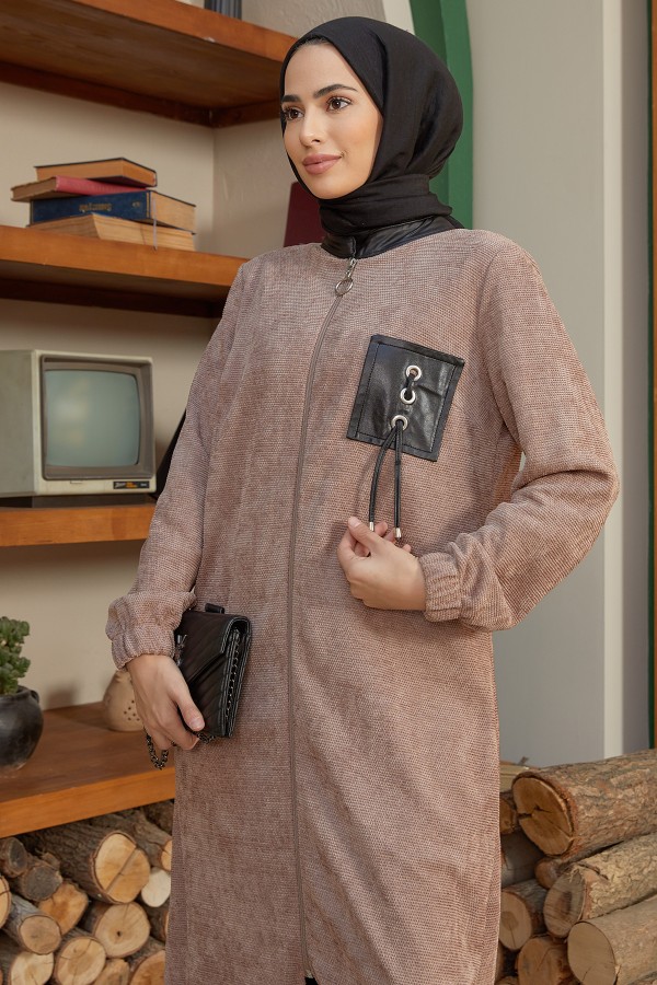 Deri Detaylı Fermuarlı Kap - Vizon