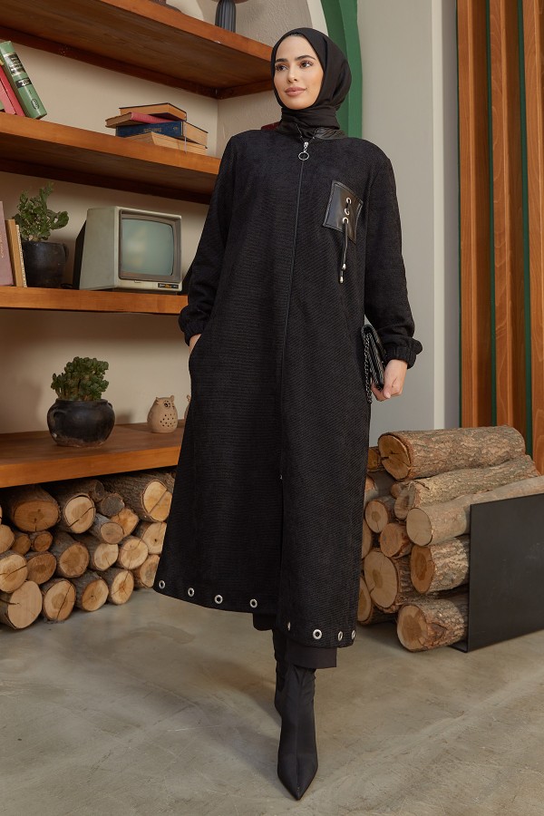 Deri Detaylı Fermuarlı Kap - Siyah