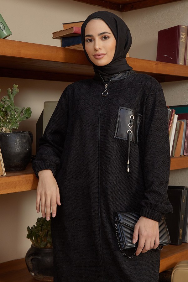 Deri Detaylı Fermuarlı Kap - Siyah