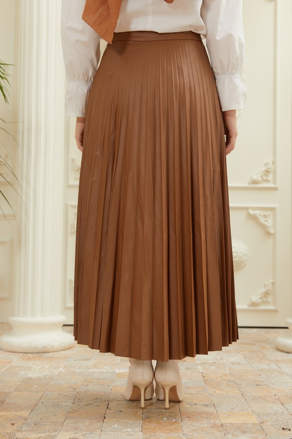 Pleated Leather Skirt - Brown