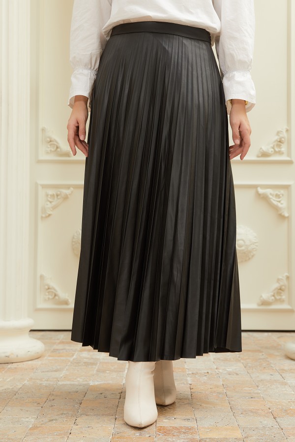 Piliseli Deri Etek - Siyah